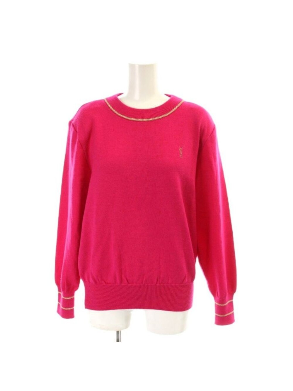 Saint Laurent Knit Sweater Wool M Shoulder Pad Pink Logo Embroidery Round Neck